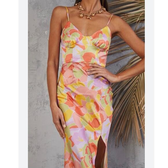 RUNAWAY The Label REVOLVE Tammy Maxi Dress Orange Pink Medium V Neck Front Slit
